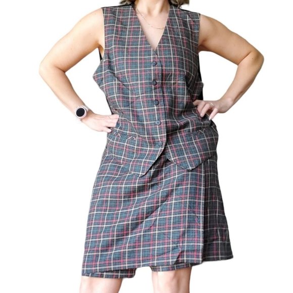 90s XL Plaid Vest Skort Set NWT‎ Gray Academia Preppy Streetwear Set 12 14 - Picture 1 of 10
